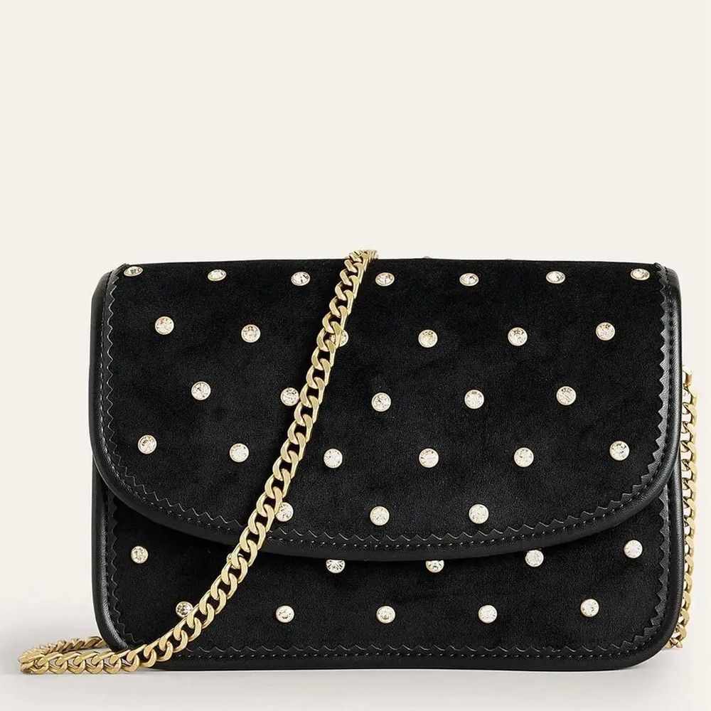 Boden Embellished Crossbody Bag Black Velvet Purse Detachable Chain Strap. NEW.